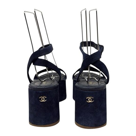 Chanel Suede Calfskin Platform Wedge Sandals Blue Size 39 - Picture 9 of 15